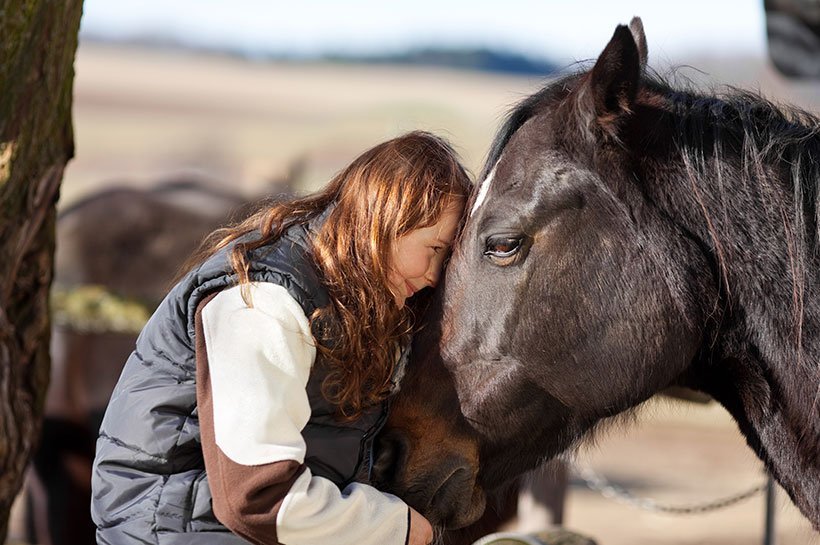 Frau kuschelt mit Pferd  
