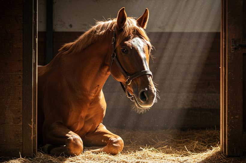 Pferd in abgetrennter Krankenbox im Stall, räumlich vom übrigen Bestand getrennt zum Schutz vor Druse Pferd in abgetrennter Krankenbox im Stall, räumlich vom übrigen Bestand getrennt zum Schutz vor Druse